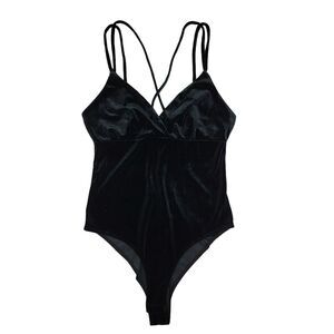 Forever 21 Black Velour Bodysuit Womens Sz S V Neck‎ Strappy Tank Top Sexy Club